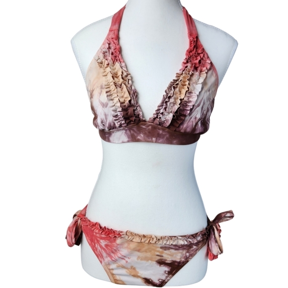 Lucky Brand Other - LUCKY BRAND  2-pc Natural Tones Tie-dyed  and Ruffled Halter Top Bikini Set